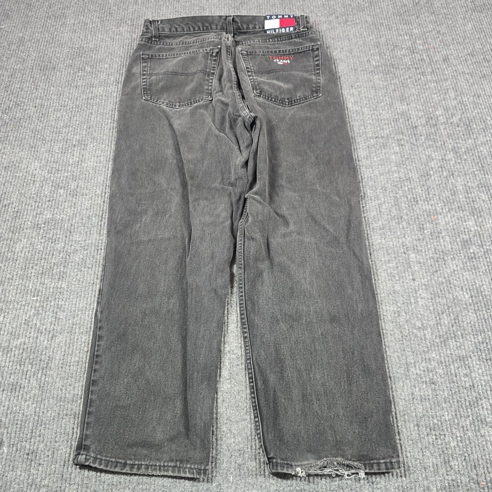 VTG Y2K Tommy Hilfiger Tommy Jeans Men 36x30 Gray Baggy Dark Wash Flag Patch - Picture 2 of 13